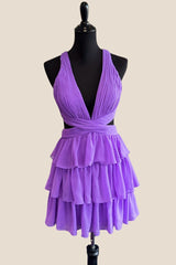 Plunge Neck Purple Tiered Short Dress with Cut-out
