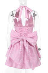 Halter Pink Plunge Short A-line Bow Dress