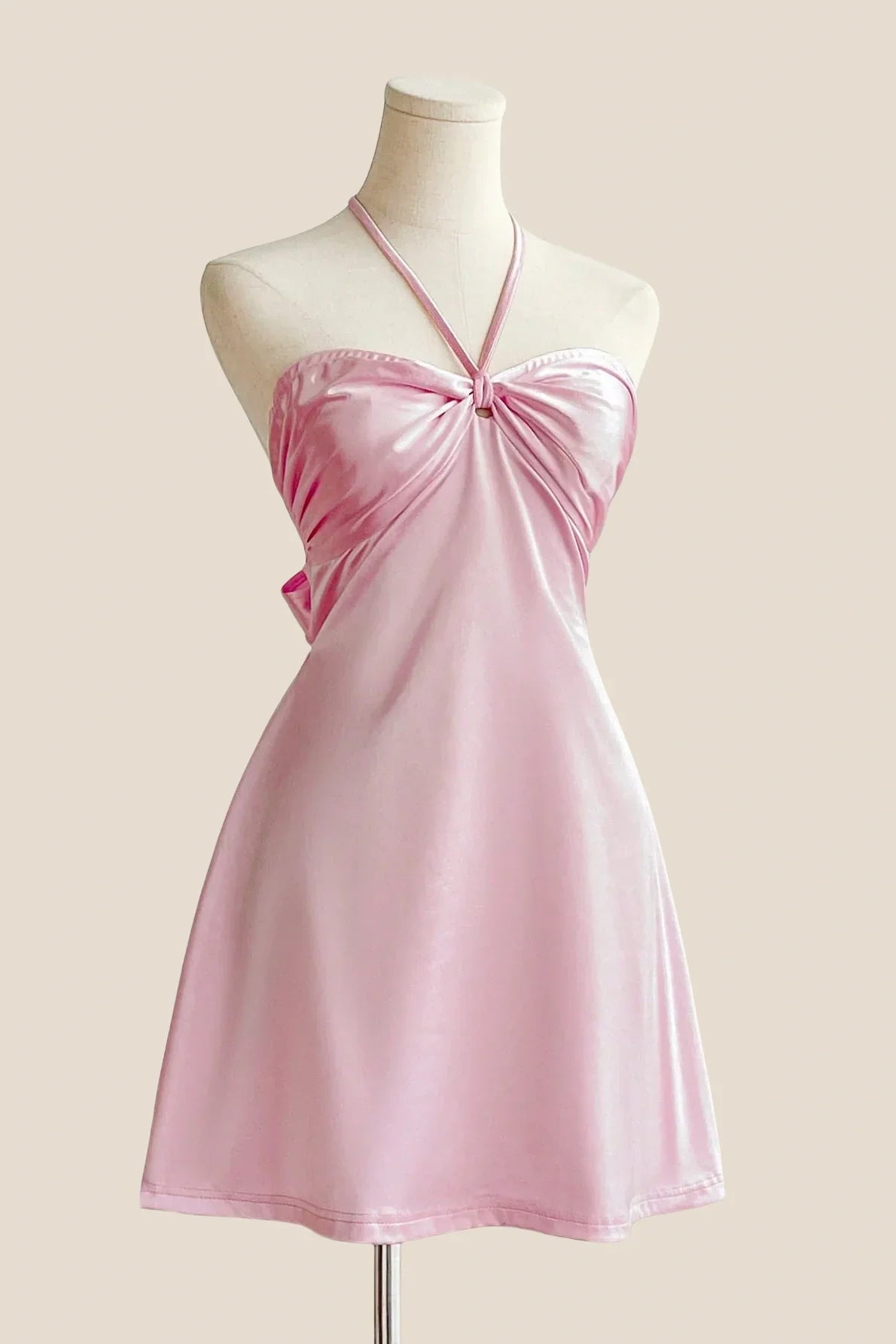 Halter Sage Green Back Tie A-line Short Dress