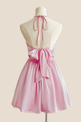 Halter Sage Green Back Tie A-line Short Dress
