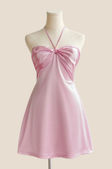 Halter Pink Back Tie A-line Short Dress