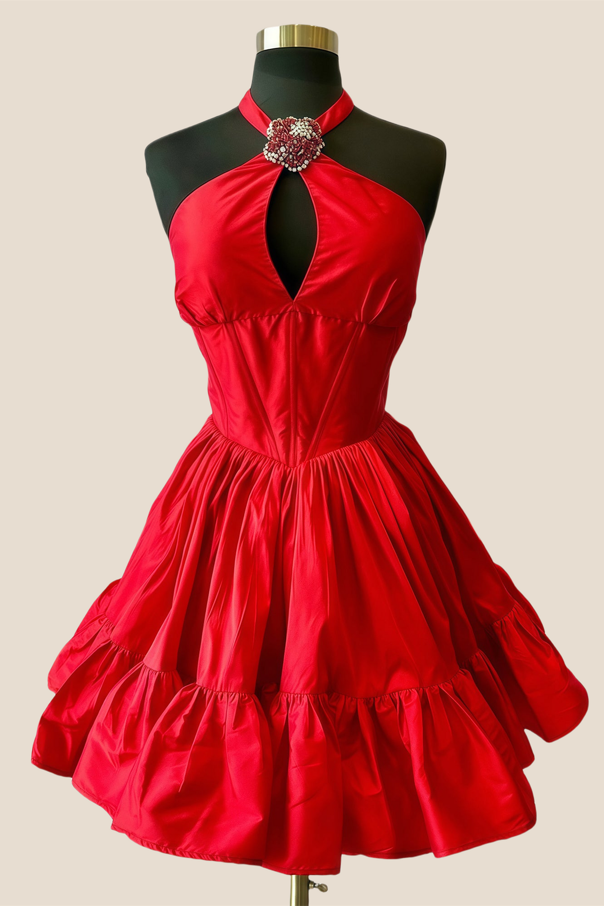 Halter Red High Waist Short Dress with Keyhole