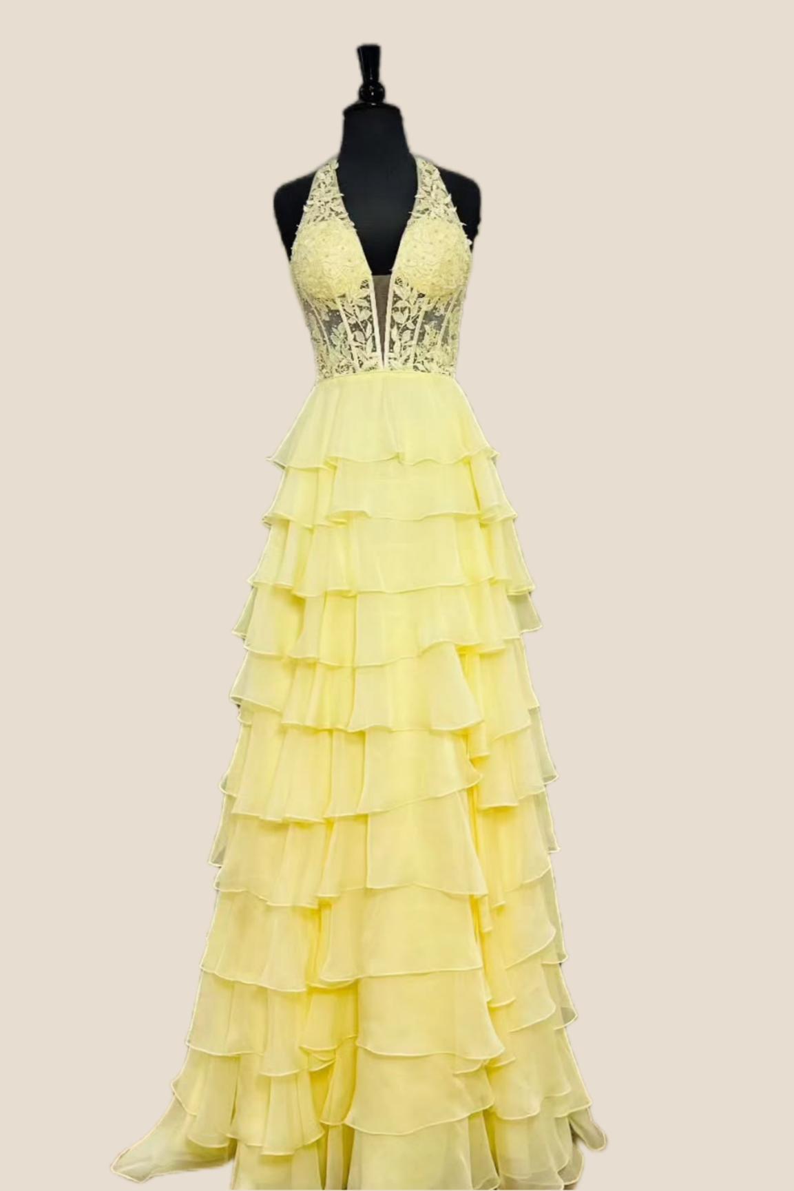 Halter Yellow Appliques Ruffle Long Dress