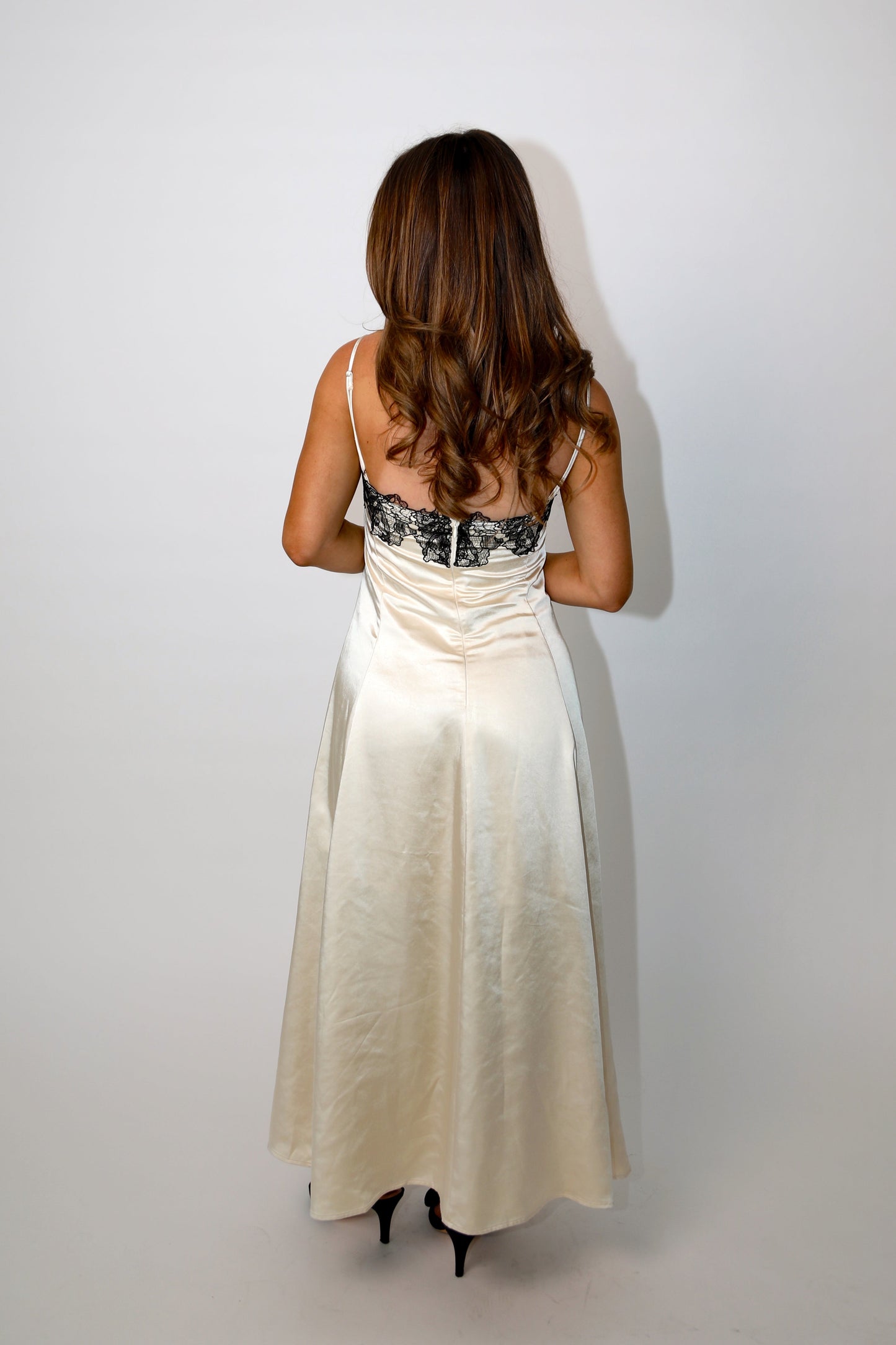 Irene Lace Detail Satin Midi Dress - Champagne / Black