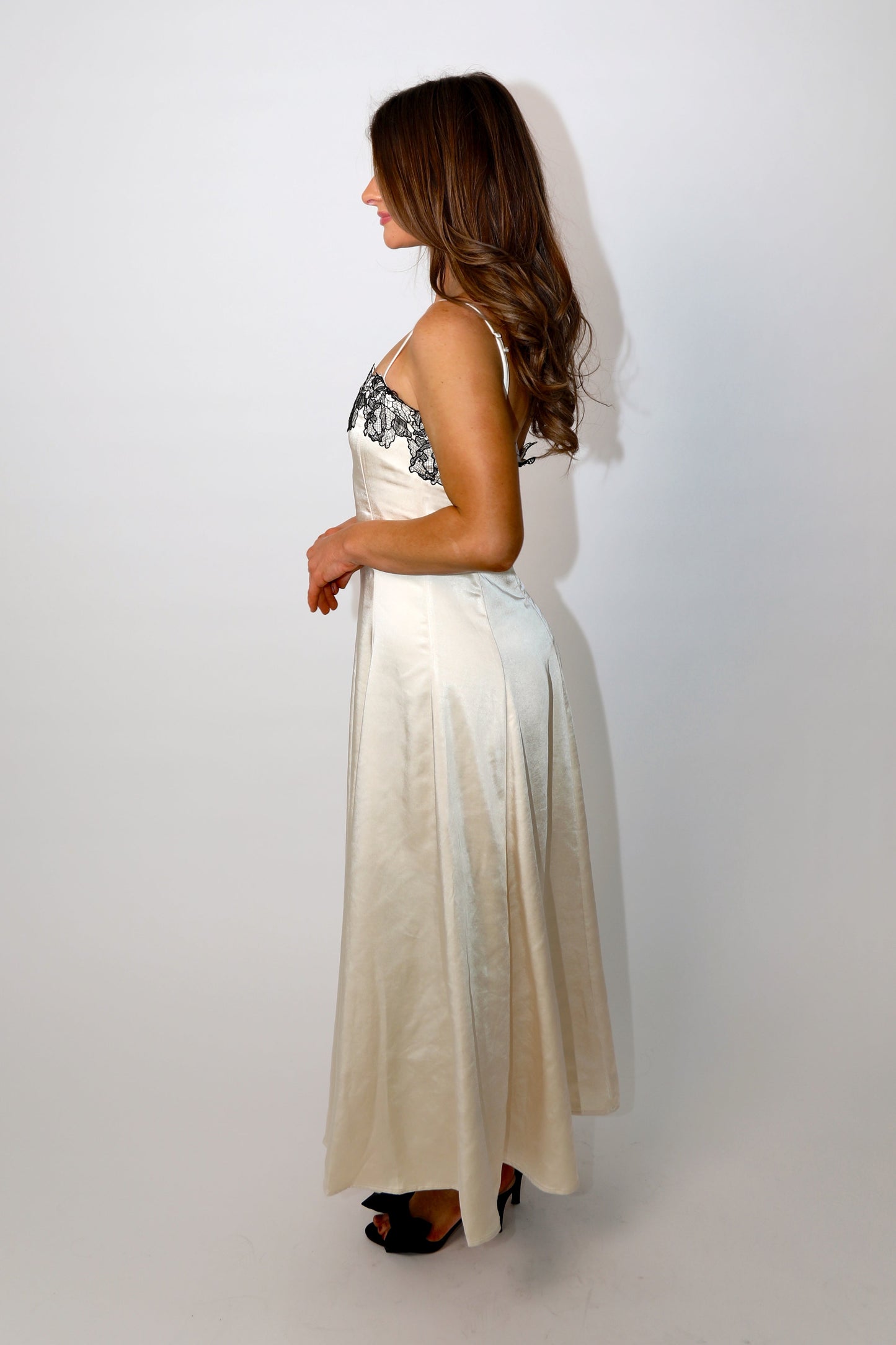 Irene Lace Detail Satin Midi Dress - Champagne / Black