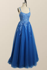 Blue Appliques A-line Tulle Long Dress