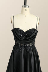 Beaded Black Satin A-line Prom Dress