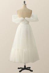 Off the Shoulder White A-line Polk Dots Midi Dress