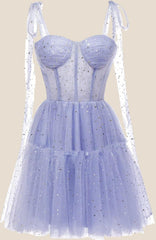 Light Blue Sparkly Starry Tulle Homecoming Dress