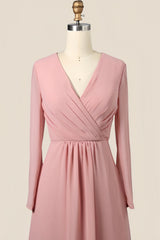 Long Sleeves Blush Pink Pleated Bridesmaid Dress