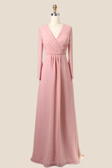 Long Sleeves Blush Pink Pleated Bridesmaid Dress