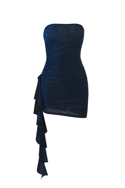 Strapless Blue Ruched Tight Short Dress with Train