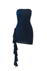 Strapless Blue Ruched Tight Short Dress with Train