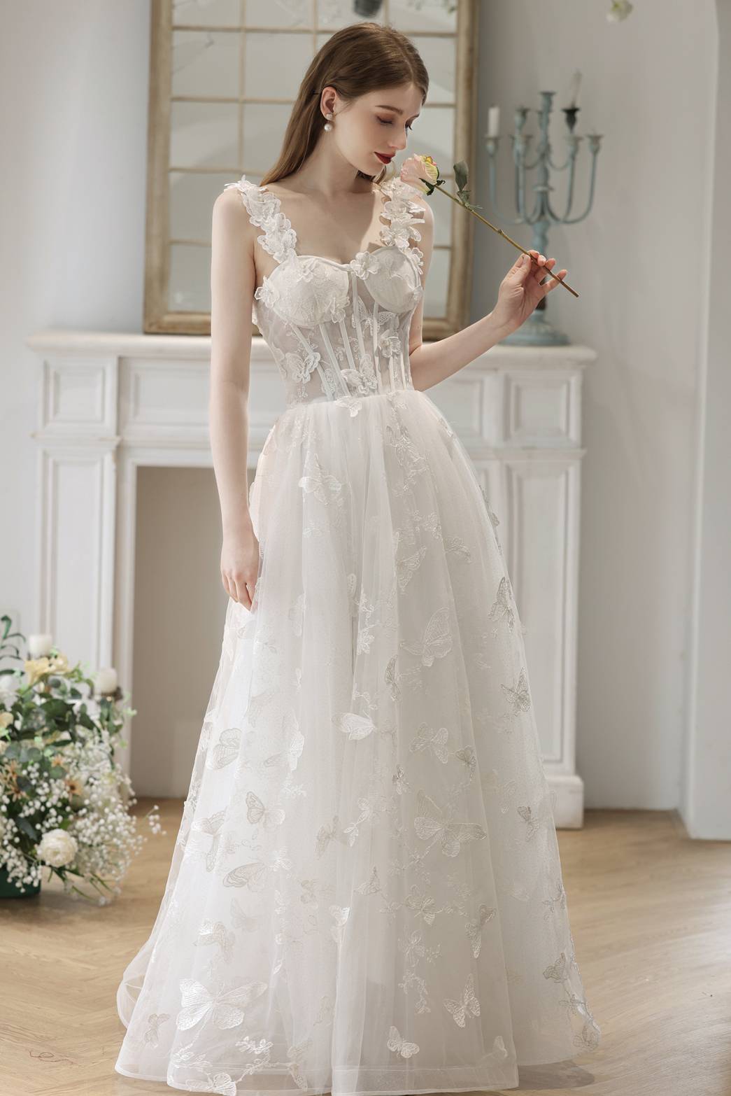 3D Flowers White Corset A-line Long Dress