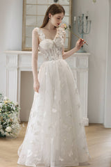 3D Flowers White Corset A-line Long Dress