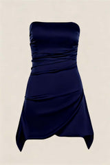 Strapless Navy Blue Ruched Short Dress
