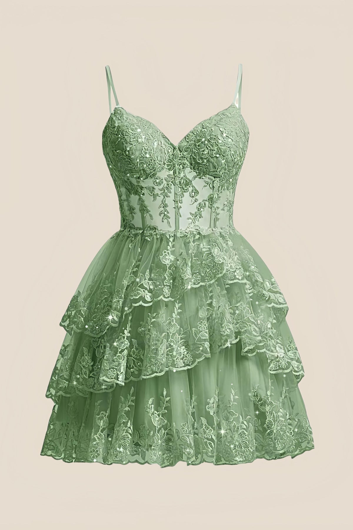 Straps Sage Green Tiered Layered Short Princess Dress