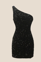 One Shoulder Black Sequin Bodycon Mini Dress