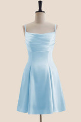 Light Blue Satin Short Dress with Back Bow