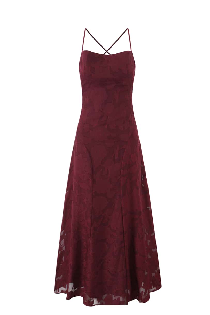 Spaghetti Straps Burgundy Floral Long Dress