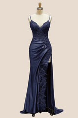 Navy Blue Appliques Mermaid Long Formal Dress