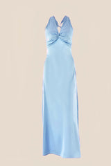 Twist V-neck Light Blue Open Back Sheath Long Dress