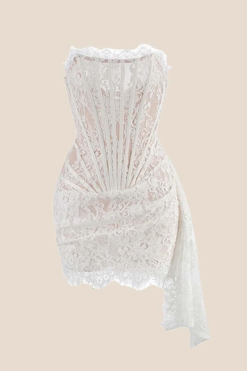 Ivory Tight Lace Short Dress with Train