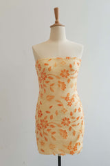 Strapless Yellow Beaded Flowers Tight Short Dress