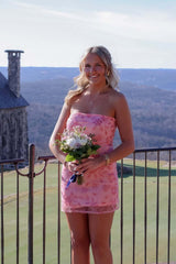 Strapless Pink Beaded Flowers Tight Short Dress