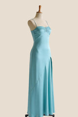 Aqua Satin Straps Slit Long Dress