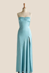 Aqua Satin Straps Slit Long Dress