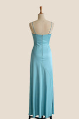 Aqua Satin Straps Slit Long Dress