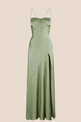Spaghetti Straps Olive Green Long Dress with Slit
