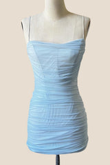 Spaghetti Straps Light Blue Tulle Tight Mini Dress
