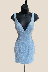 Pearls Pink V Neck Tight Mini Dress