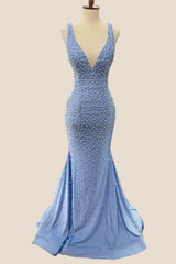 V Neck Beaded Blue Mermaid Long Formal Dress