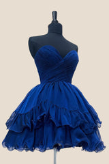 Royal Blue Ruched Chiffon A-line Short Ruffle Dress