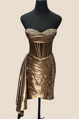Brown Metallic Corset Ruched Tight Mini Dress with Train