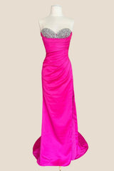 Beaded Hot Pink Satin Ruched Fitted Long Dress