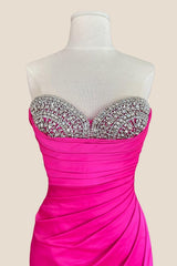Beaded Hot Pink Satin Ruched Fitted Long Dress
