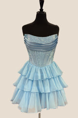 Light Blue Beaded Short Ruffle A-line Dress