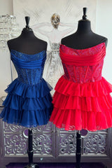 Navy Blue Beaded Short Ruffle A-line Dress