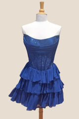 Navy Blue Beaded Short Ruffle A-line Dress