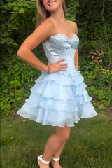 Appliques Neck Pink Corset Tiered Short Dress