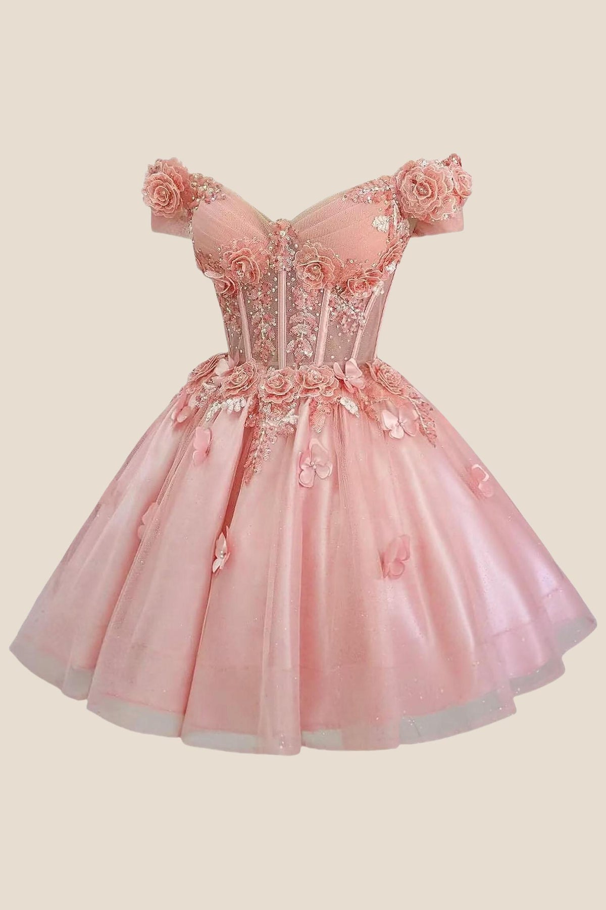 Off the Shoulder Pink 3D Floral Short Dress