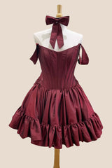 Off the Shoulder Wine Red Short Dress