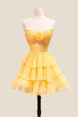 Strapless Green Pleated Tiered Short Dress with Rosette