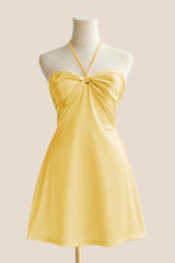 Halter Yellow Back Tie A-line Short Dress