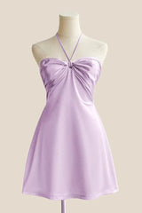 Halter Pink Back Tie A-line Short Dress