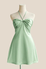Halter Sage Green Back Tie A-line Short Dress